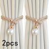 2pcs Elegant French Curtain Tiebacks - Lustrous Faux Pearl Accents, Adjustable Golden-Finish Rope Holdbacks - Binding Accessories for Home Decor