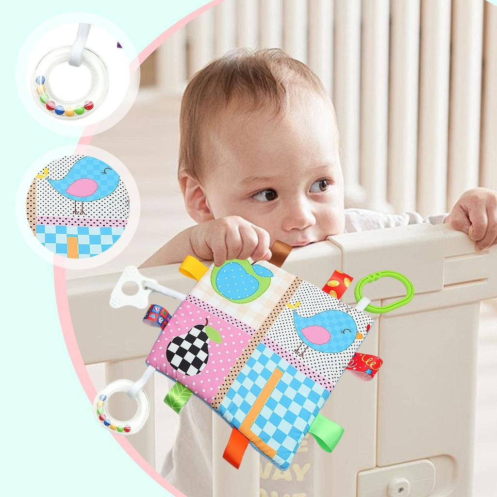 Baby Cartoon Label Comfort Towel, Soft Hanging Ring With Rattle Teether