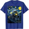 Steam Locomotive Graphic Tee Van Gogh Starry Night Print Cotton Casual Round Neck Tshirt