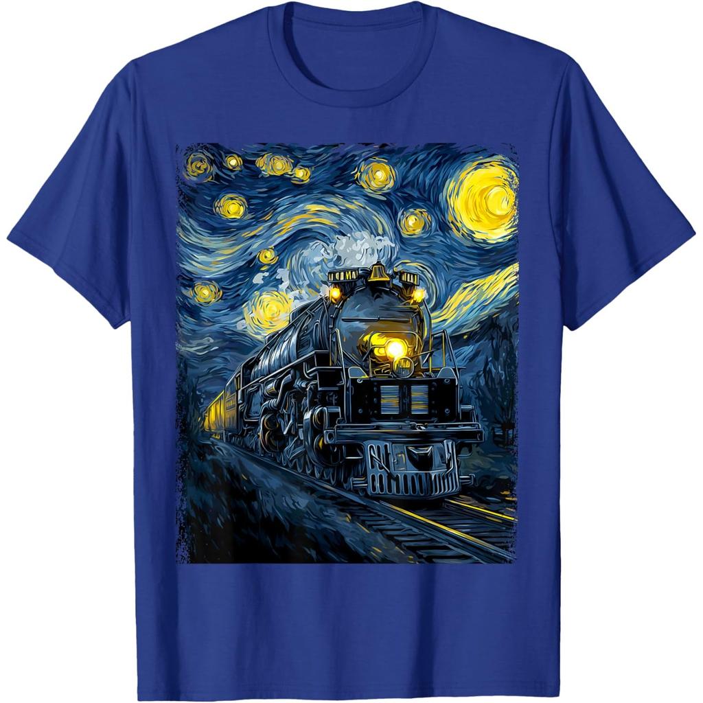 Steam Locomotive Graphic Tee Van Gogh Starry Night Print Cotton Casual Round Neck Tshirt