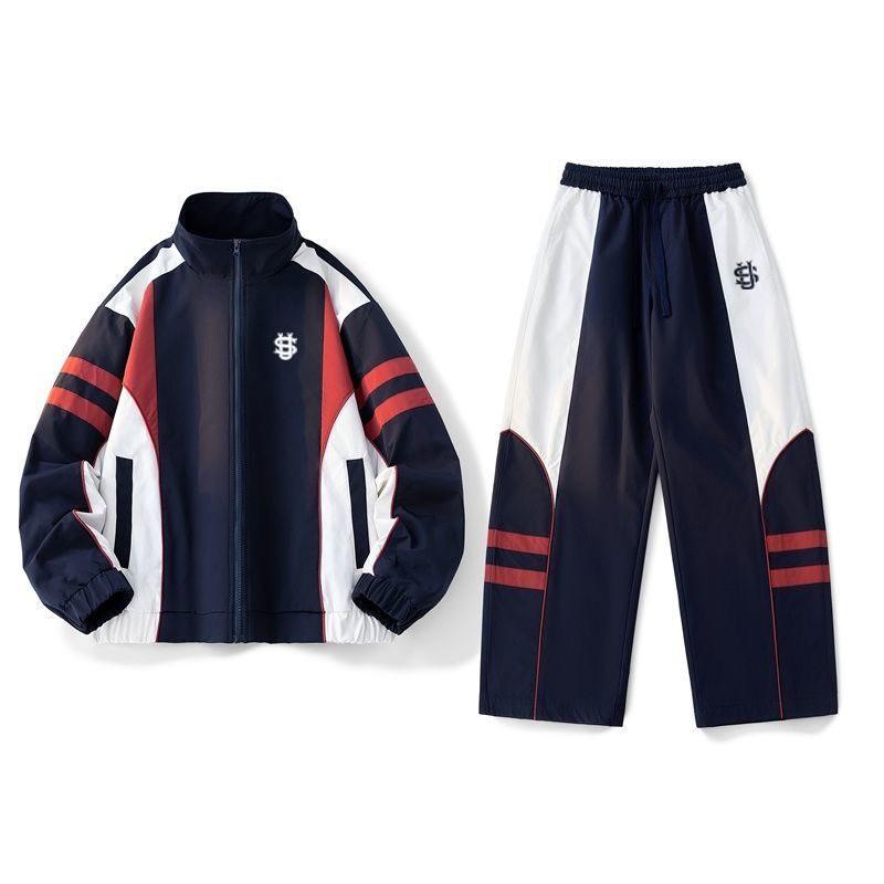 2025 Fall Winter American Retro Color Block Tracksuit Long Sleeve Jacket Wide Leg Pants Set Men