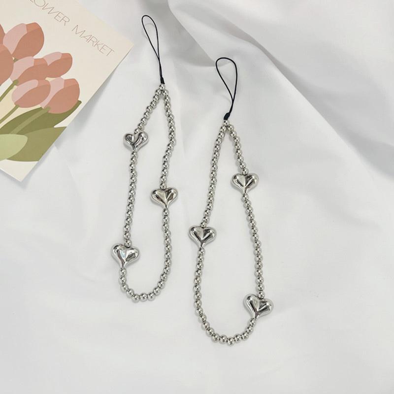 Ins Y2K Silver Love Heart Bowknot Phone Charm Strap Bead Pendant For Phone Accessories Hanging Rope Girl Jewelry