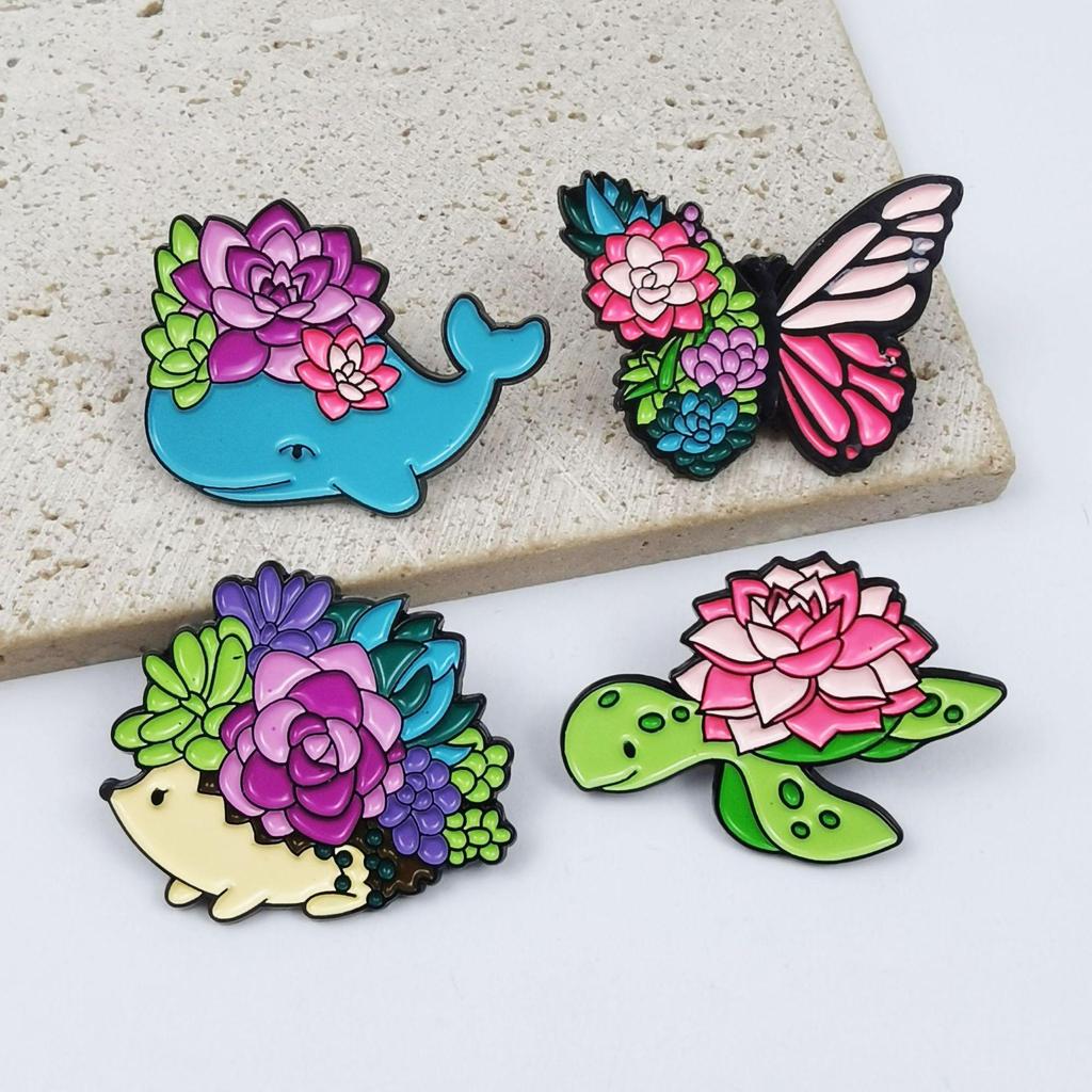 Butterfly & Hedgehog Cartoon Brooch with Fresh Flower Design - Metal Badge for Clothing & Backpacks
