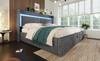 Upholstered Bed 160x200 Cm with Hydraulic Storage, Headboard Compartment, LED Lighting, USB & USB-C Port, Wood Slat Frame, Grey, Linen, No Mattress