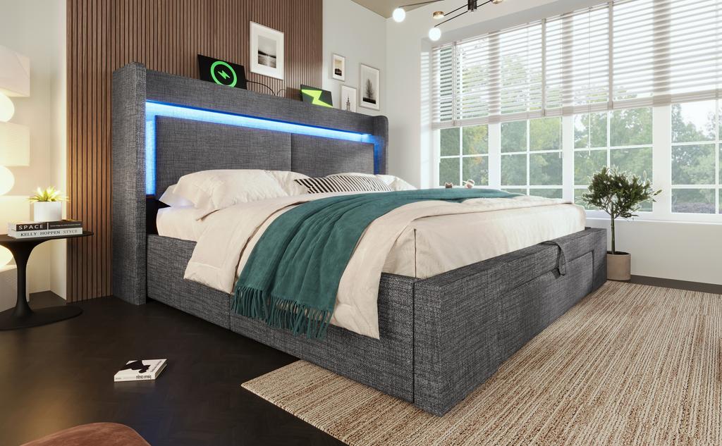 Upholstered Bed 160x200 Cm with Hydraulic Storage, Headboard Compartment, LED Lighting, USB & USB-C Port, Wood Slat Frame, Grey, Linen, No Mattress