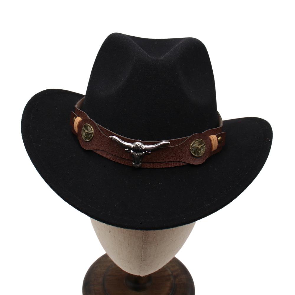 Two-Color Black Top Hat Western Cowboy Hat Ethnic Style Jazz Hat Bull'S Head Tweed Hat Men And Women