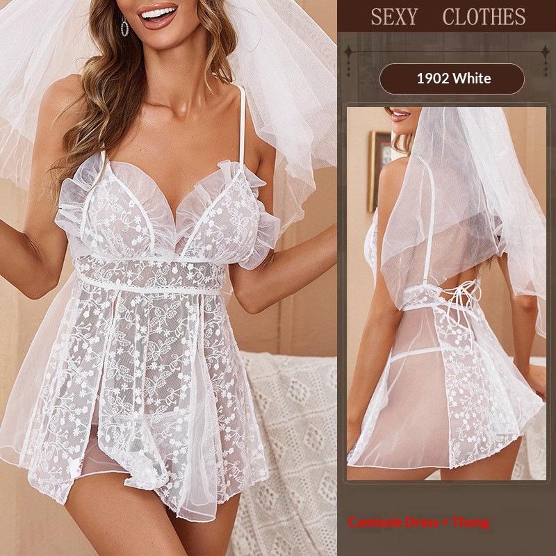 Sexy Lingerie Female European American Style Thin White Sheer Veil See-Through Polyester Lace Bridal Uniform ODM Suspender Set