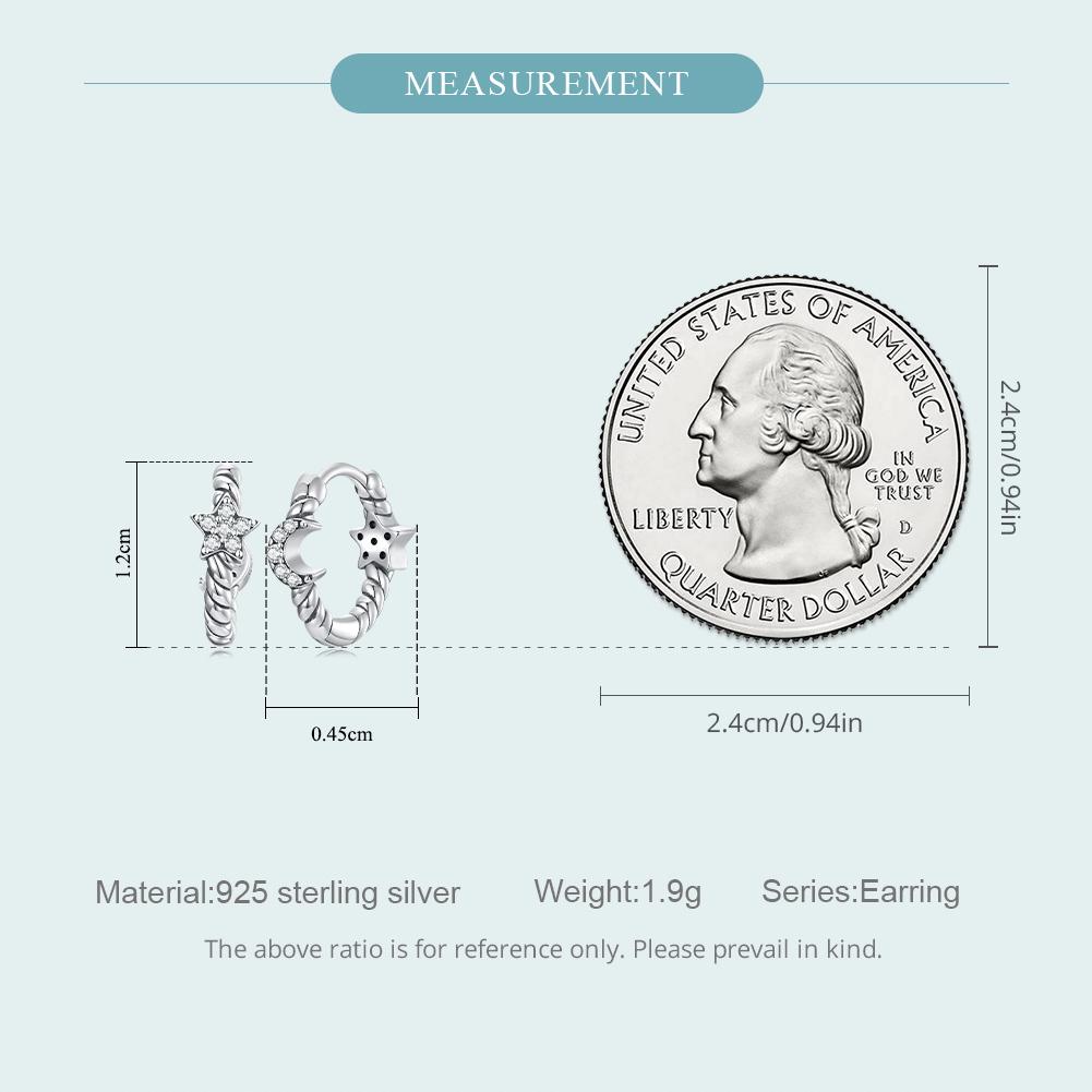 WOSTU 925 Sterling Silver Hoop Earrings, Crescent Moon & Star High Polish Tarnish Resistant Trendy Earrings