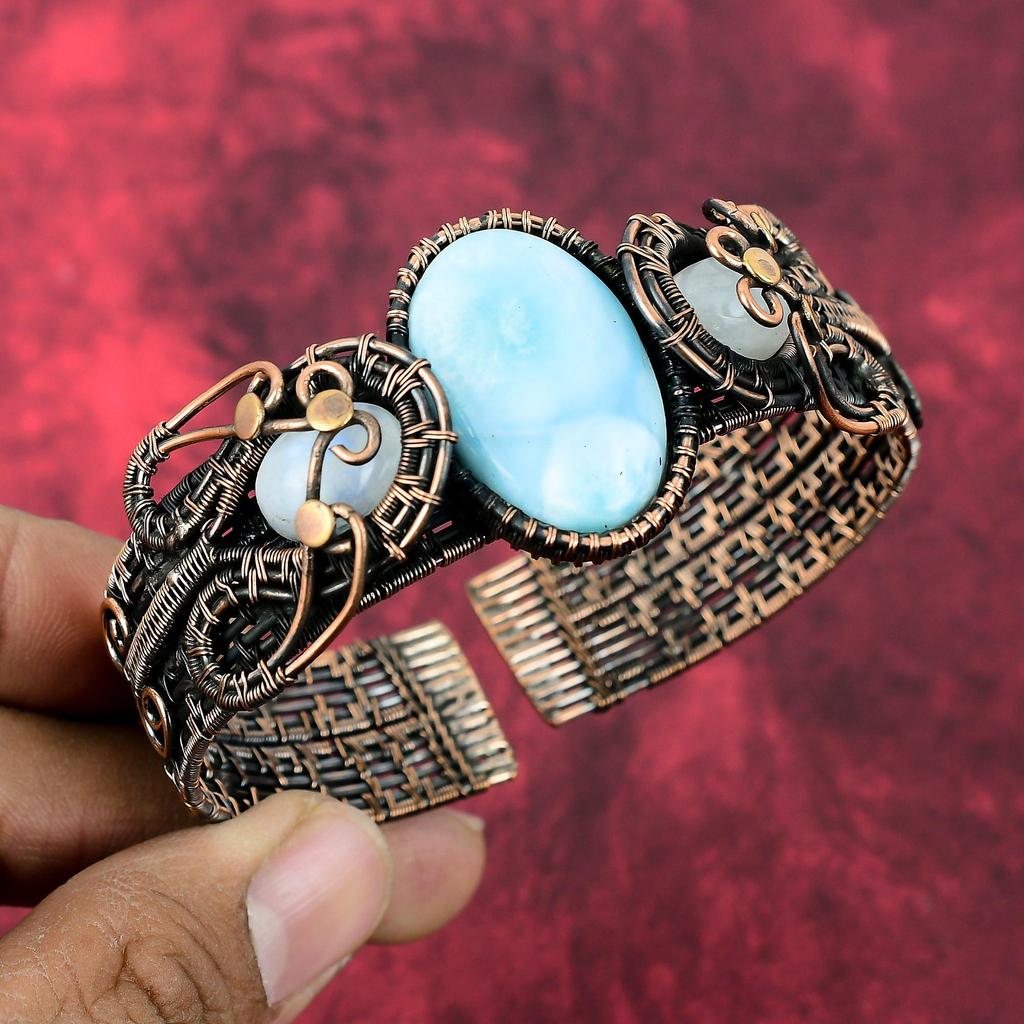 Larimar Bangle Copper Wire Wrapped Cuff Bracelet Adjustable Bangle Rainbow Moonstone Gemstone Cuff Anniversary Gifts Handmade Copper Jewelry