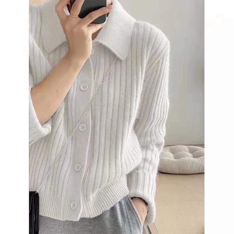 Temperament Pink Lapel Sweater Cardigan Female Early Spring Design Sense Niche Gentle Lazy Knit Jacket Solid Color Tops