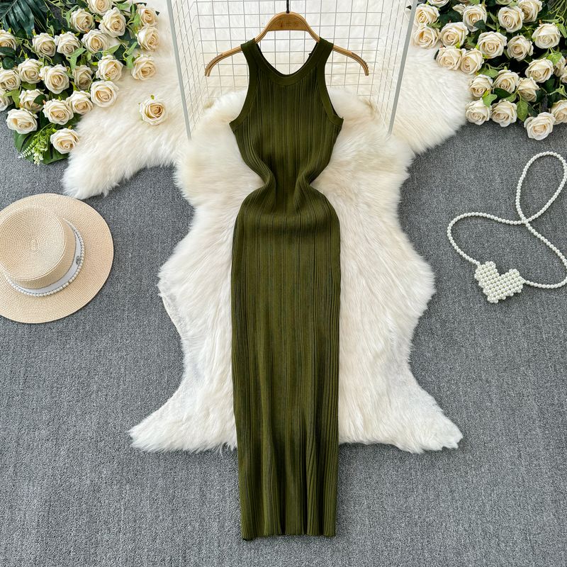 

Модное сексуальное платье без рукавов, вязаное, женское, летнее, с облегающей талией, стройнящее, однотонное, стильное, нишевого стиля, красивое платье Green All yards