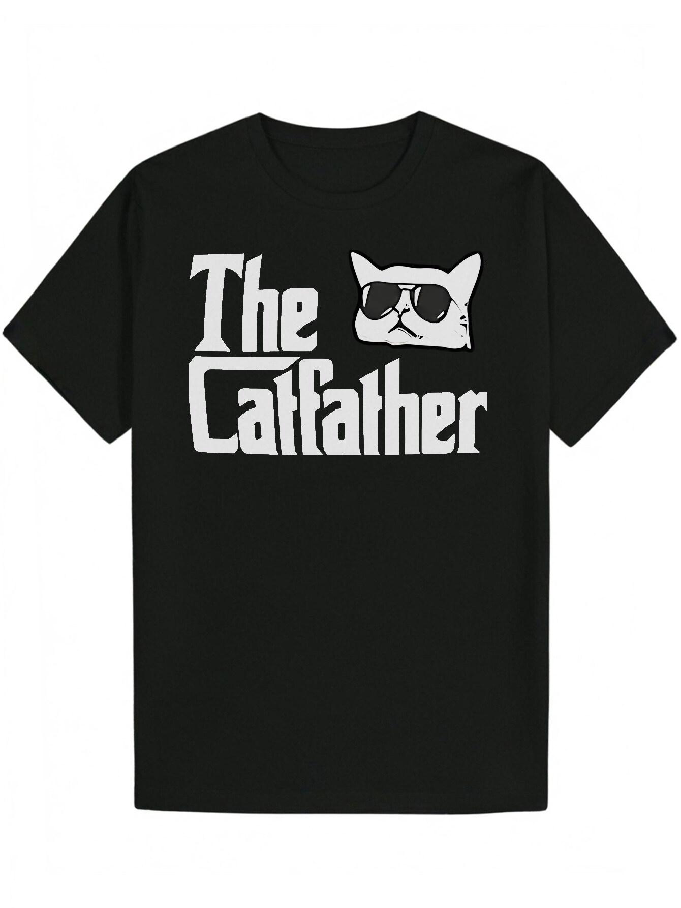 Short Sleeve T-shirt - The Catfather Graphic Print with Fashion Glasses Cat Design S