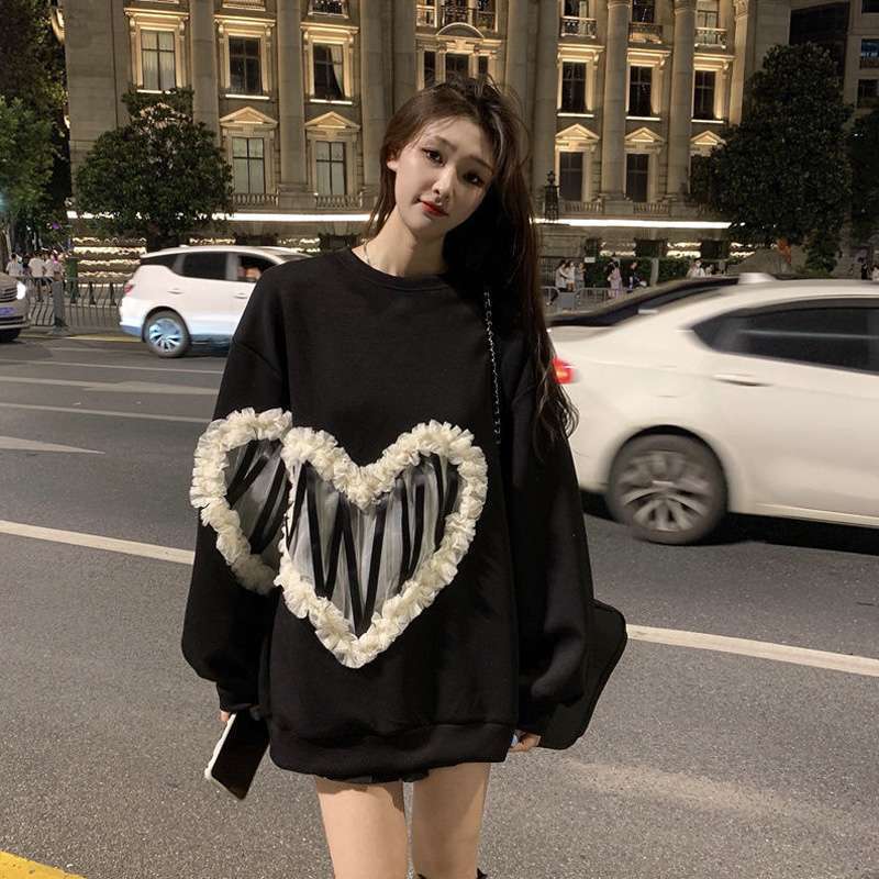 Women Korean Style Casual 3D Mesh Splicing Hoodie Heart Round Neck Long Sleeve Loose Pullover Sweatshirts Autumn Tops