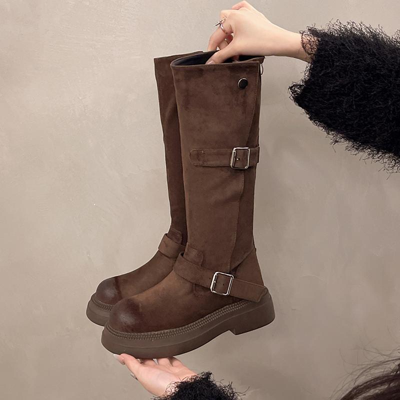 

Винтажные замшевые женские сапоги до колена, модные туфли с молнией сзади, осень-зима, лаконичные длинные сапоги-ботинки для женщин 35