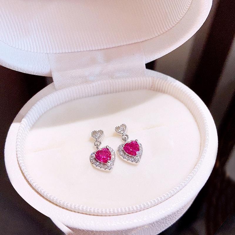 S925 Sterling Silver Heart Shape Dangle Earrings with Red Rhinestones - Romantic Korean Style for Women 925 Silver
