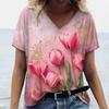Beautiful Tulip Print 3D Printed Women's Artistic Style V-neck Short Sleeved T-shirt