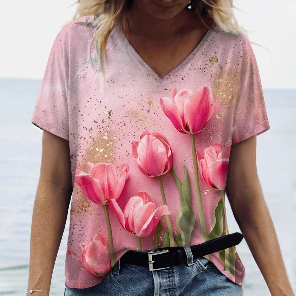 Beautiful Tulip Print 3D Printed Women's Artistic Style V-neck Short Sleeved T-shirt