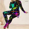 Women Plus Size Color Splash Printed Round Neck Long Sleeve Longline Top Fitted Pants Two Piece Set