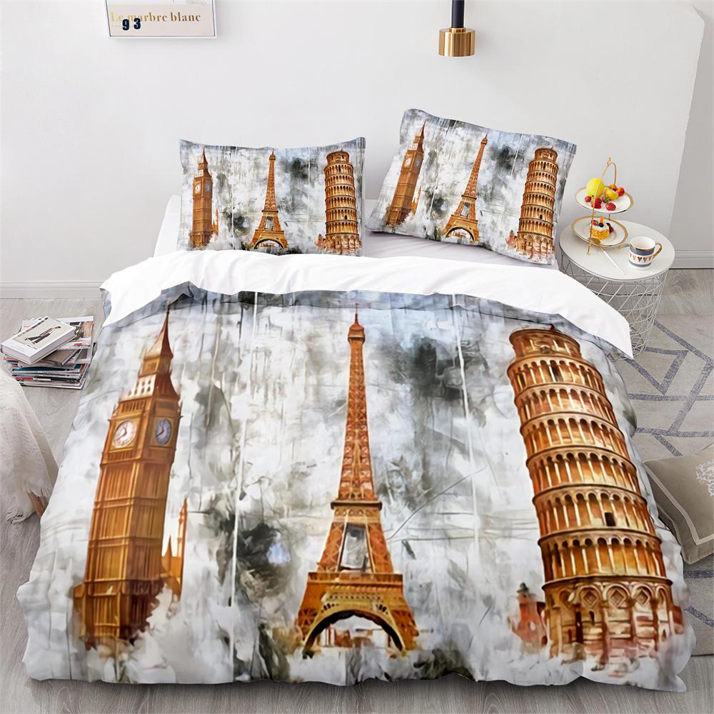Paris Eiffel Tower Themed Couple Duvet Cover Set Cityscape Comforter Cover Romantic Polyester Bedspread Cover Pink Floral King