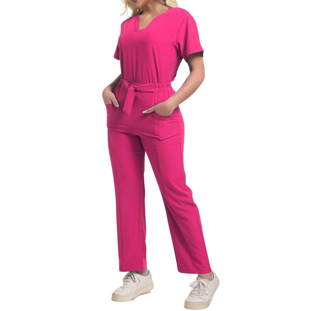Damen Mode Kurzarm V-Ausschnitt Gemustert Tops Tasche Arbeits Set
