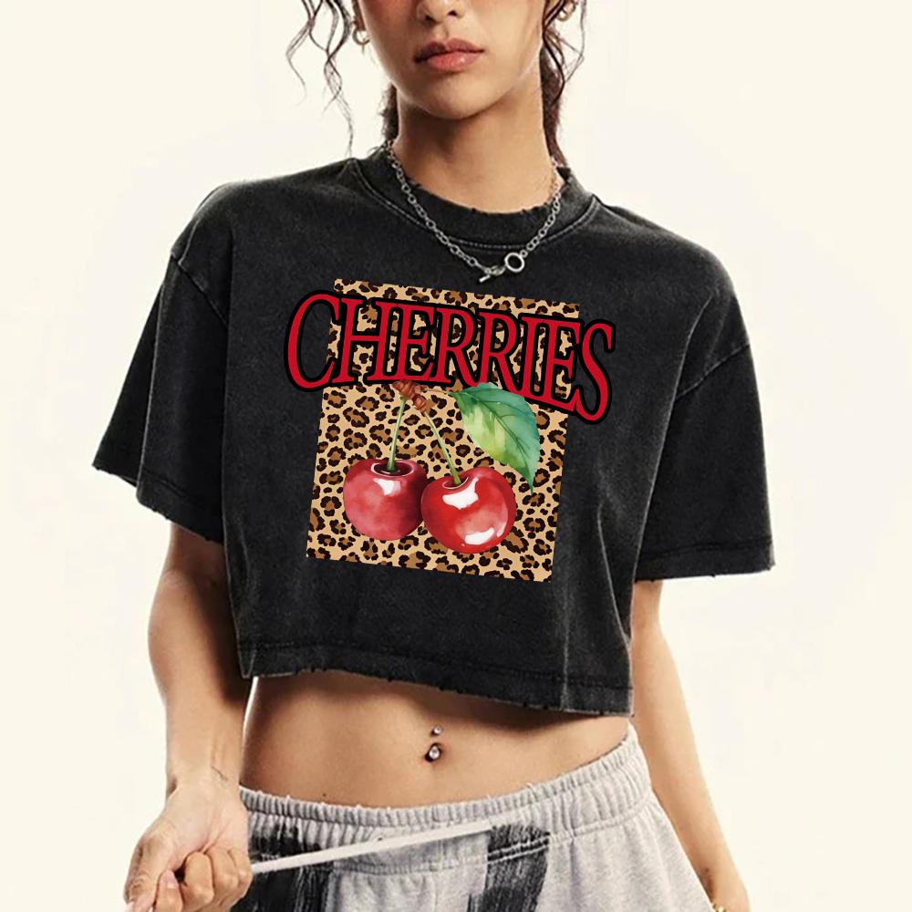 

Creative Leopard Print Cherries Fruit Prints Women Washed T Shirts Fashion T-Shirt Summer Clothes Casual Cotton Slim Top L