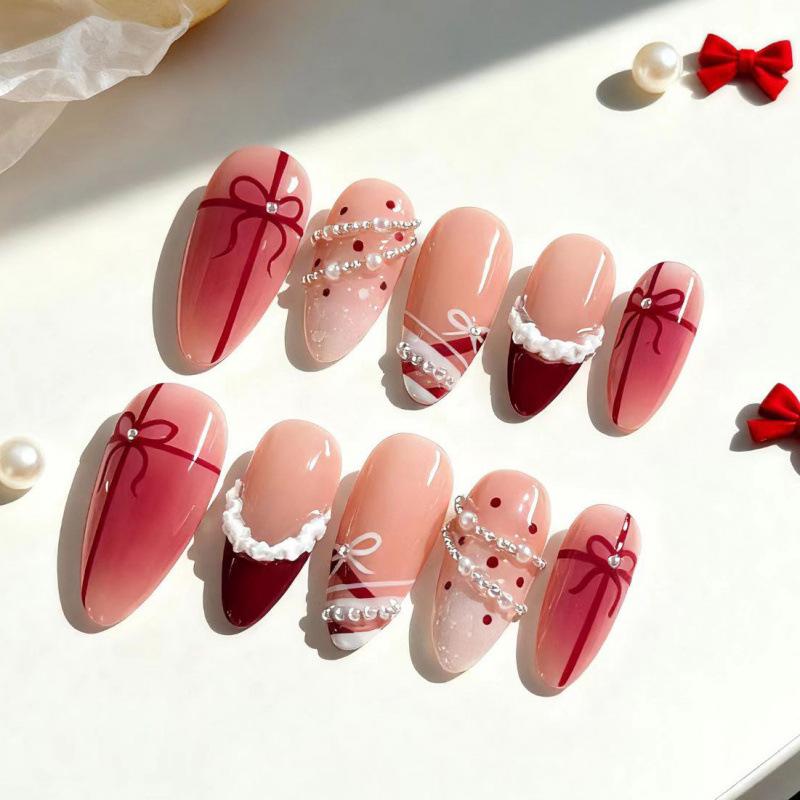 30-Piece 3D Christmas Almond Nails with Bow, Rhinestones, and Pearls