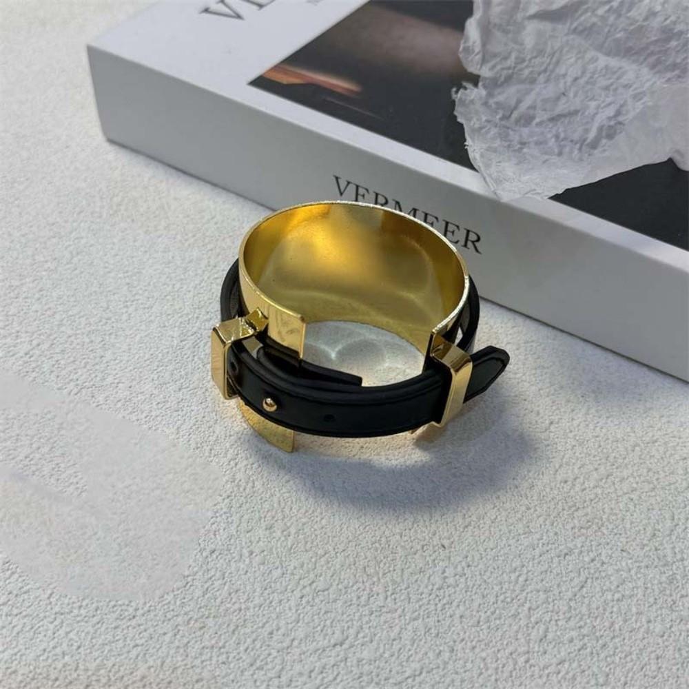 Silver Exaggerated Metal Bangle Golden Women Open Bangle Belt Buckle Leather Bracelet Versatile