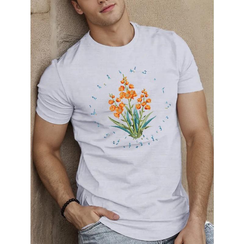 European Size Effortless Style, Men's Casual Floral Embroidery T-Shirt - Breathable Polyester, Crew Neck, Short Sleeve Summer Top, Embroidered,Flowers