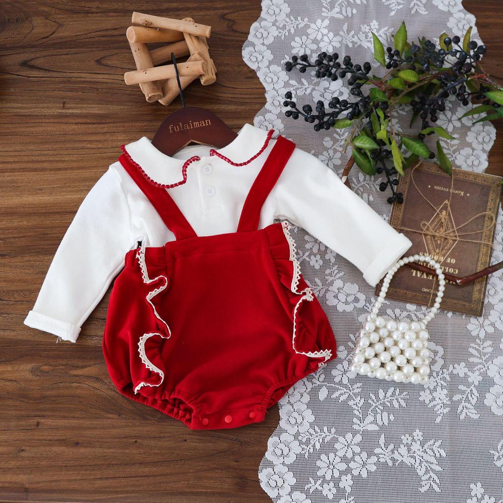 2025 Autumn Korean Style Baby Girl Long Sleeve Outfit - 1 Year Old Full Moon Overalls Set