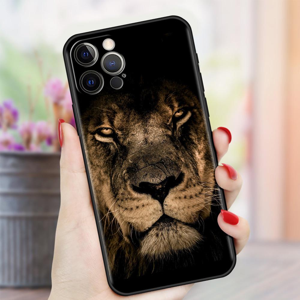 Case For Apple iPhone 13 11 Pro Max 12 Mini XR 7 8 Plus SE 2020 X XS 6 6S 5 5S Black Soft Silicone Cover Big Cat Animal Lion Sac