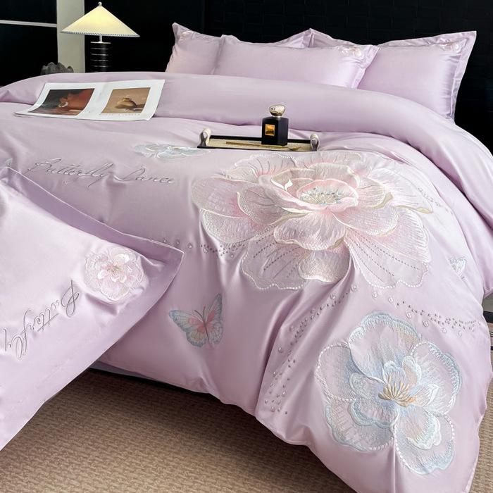 Light Luxury 100% Cotton Embroidered 4-Piece Bedding Set with Rounded Corner Sheets