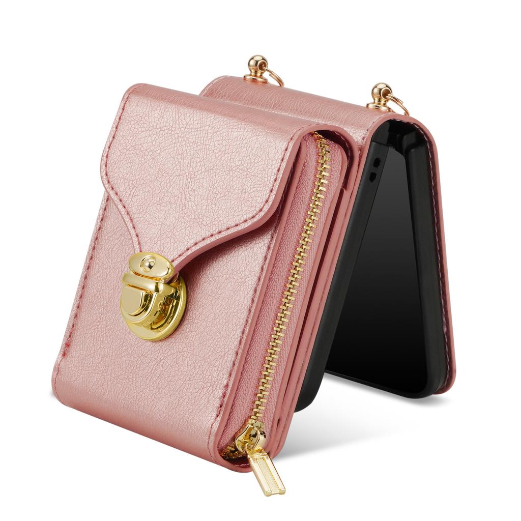 Crossbody Geldbörse Lanyard Ledertasche für Samsung Galaxy Z Flip 5 4 3 5G Flip4 Flip5 Reißverschlusstasche Brieftasche Karten Solt Pocket Cover