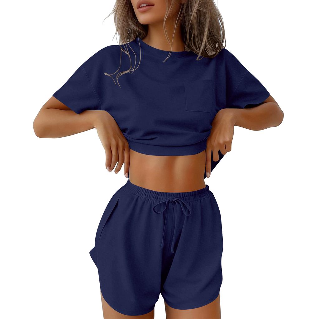 Women's Pajama Set Short Sleeve Striped Printed Two-piece Loungewear  Neck Pajamas Split Shorts Set Soft Sleepwear