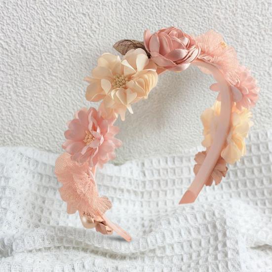 Soft Yarn Headband with Gauze Flowers Faux Pearls Decor Romantic
