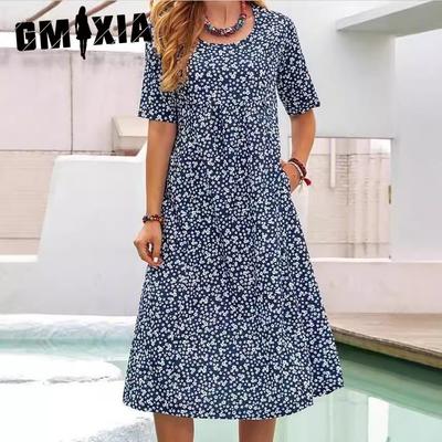 Spring Summer Printed Floral O-Neck Neck Pocket Short Sleeve Casual Midi Shirt Dress