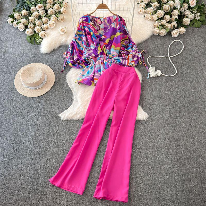 Fashion Short Sleeve V Neck Waist-Tight Straight-leg Fashion Suit