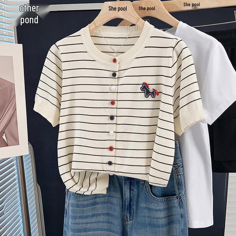 Color Block Stripe Knit Short Sleeve Top M