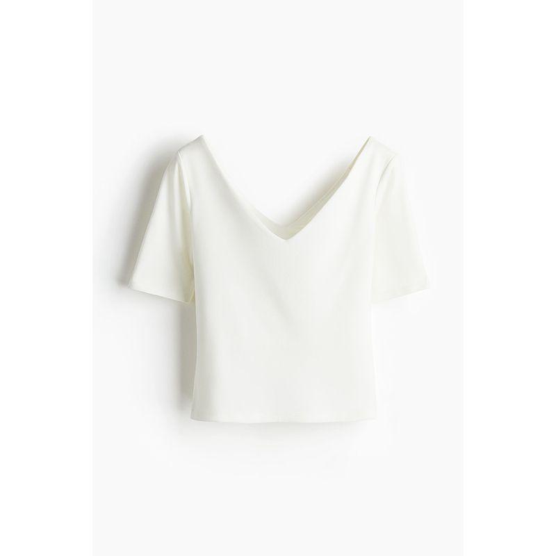 

Женская футболка HM 2025 Лето Новая С V-образным вырезом Изящная и Модная Повседневная Французская футболка Укороченные топы 1276659 White 155/80