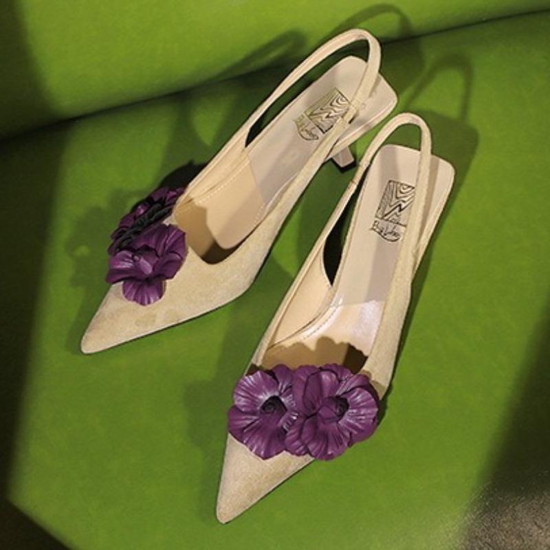 Fashion Flower Suede Pointed Toe Pumps Sandals for Women Retro Elegant High Heels Woman Fashion Designer Slingback Dress Shoes Ladies