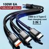 100W 3 in 1 USB to 3×Type-C Cable Phones Fast Charging Data Cable 1.2m/0.2m Extension Cord USB C PD High-Speed Data Transmission