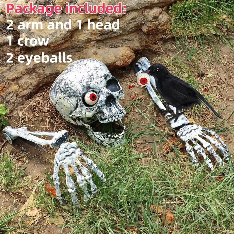 Realistic Skeleton Stakes with Crow and Red Eyes Zombie Hands and Skull Set for Graveyard Yard Lawn Garden Decoration