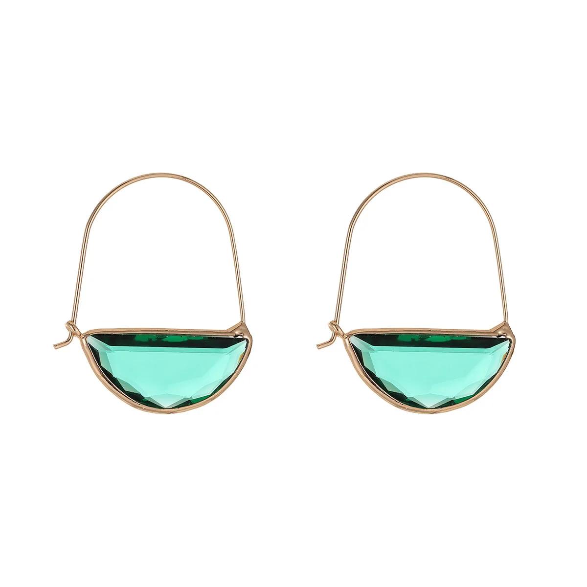 Vintage Semi Circle Boho Earrings Womens Ancient Gold Plated Metal Geometry Green Crystal Glass Dangle Earrings