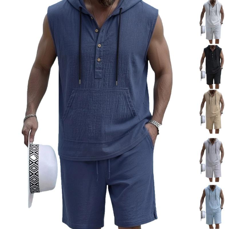 Mens Casual Loose Hooded Sleeveless Vest And Shorts Set