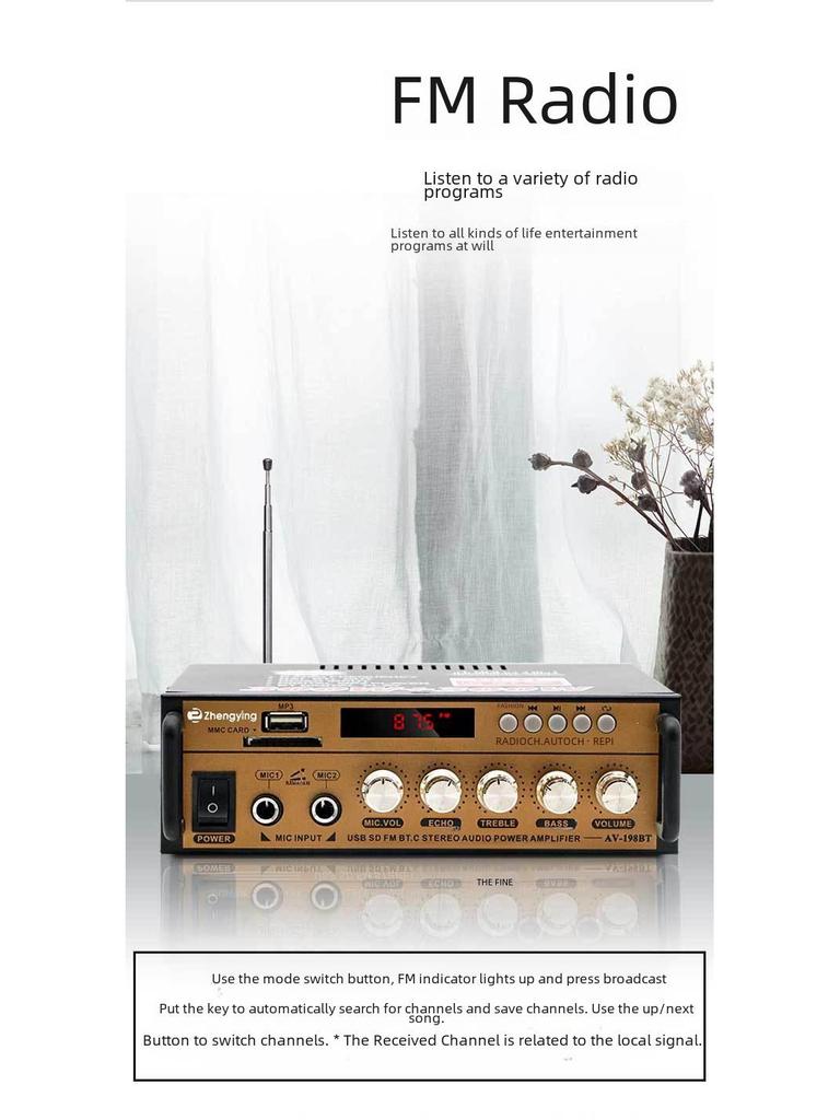 Dual-Channel Bluetooth Amplifier with USB Radio & Wireless Remote