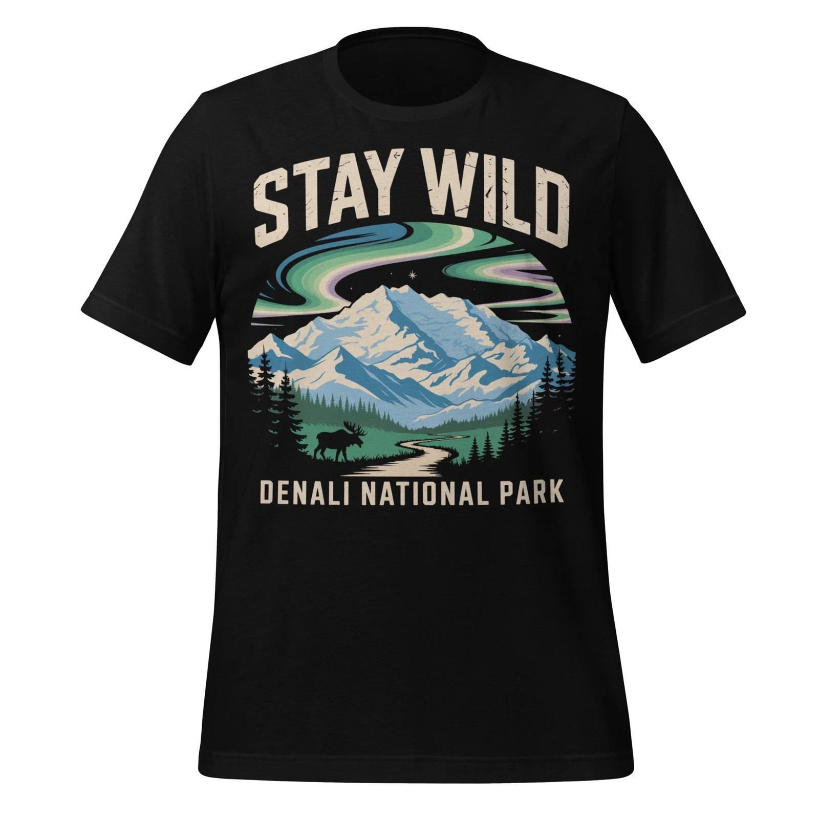 

Stay Wild Denali Shirt Northern Lights Moose Alaska Nature Park Unisex Tee M