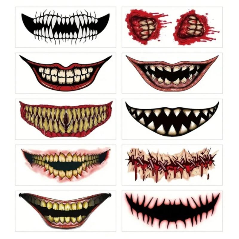 10 Pieces Halloween Prank Makeup Temporary Tattoos,Halloween Clown Scary Mouth Tattoo Stickers,Role-Playing DIY Decor