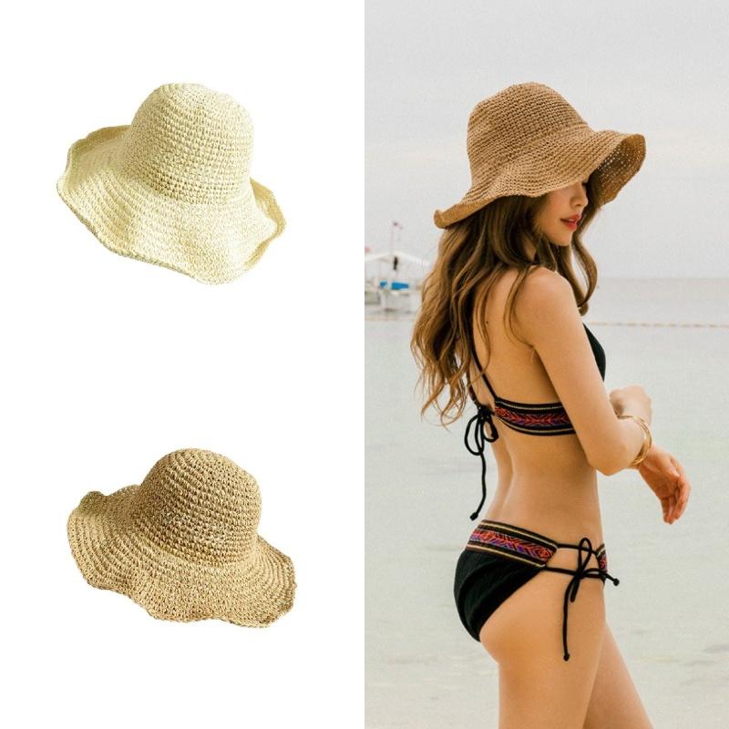 Sun-blocking Round Top Straw Hat For Women, Keeping You Safe From Uv Rays, Perfect For Beach And Travel In Khaki And Beige