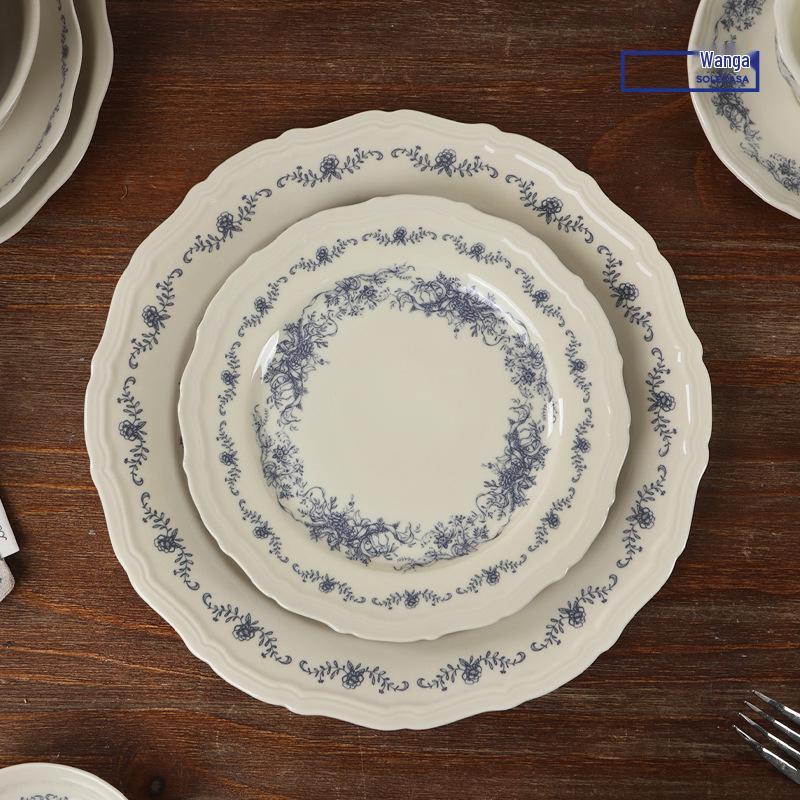 Shunxiang Blue Fog Flower Ceramic Tableware Set: Retro High-End Rice Bowl Plate for Luxurious Dining.