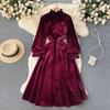 Abito da festa in velluto vintage da donna autunno inverno di alta qualità, colletto alla coreana, abiti lunghi midi in velluto casual