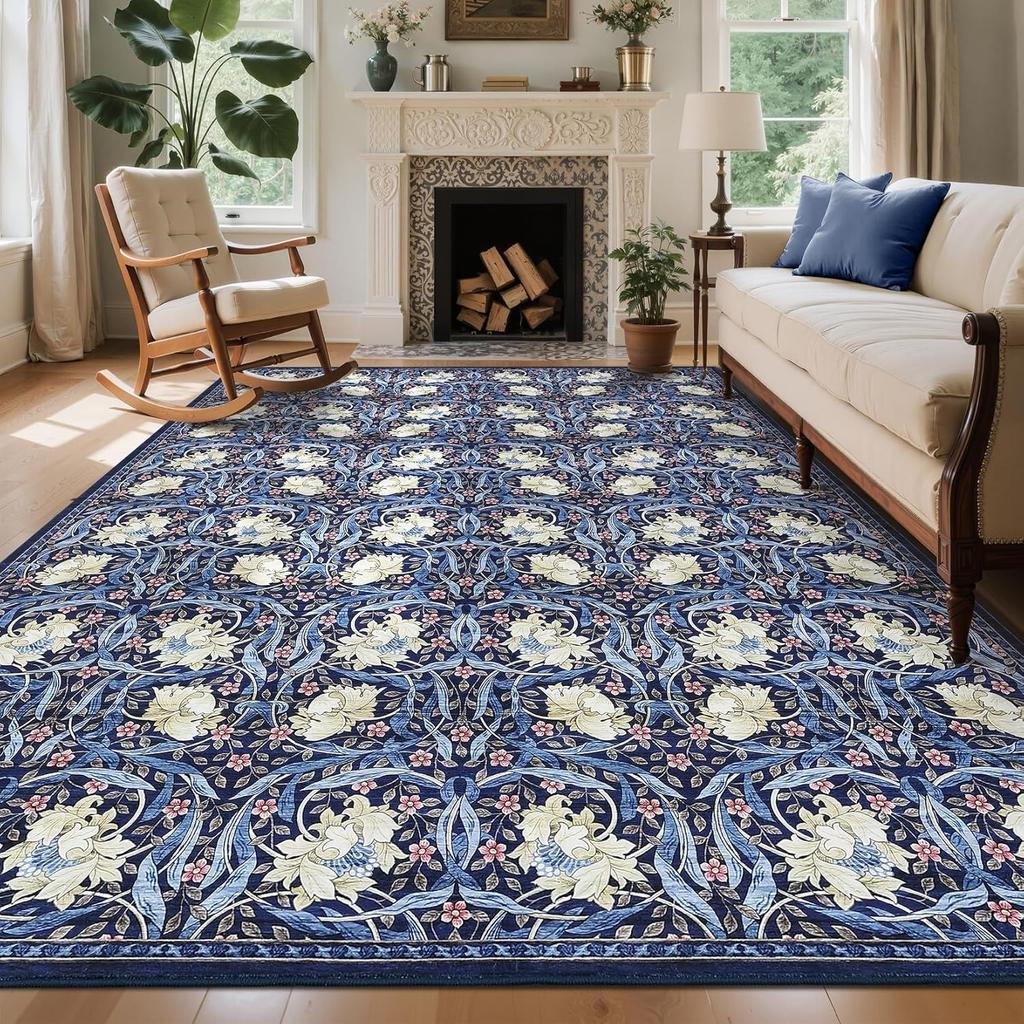 Large Living Room Carpet Retro Floral Washable Area Rug Soft Non-slip Bedroom Bedside Floor Mat Machine Washable Home Decor Rugs